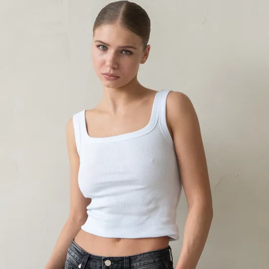 Майка с квадратным вырезом в рубчик, Цвет: Белый, Размер: XS, изображение 2