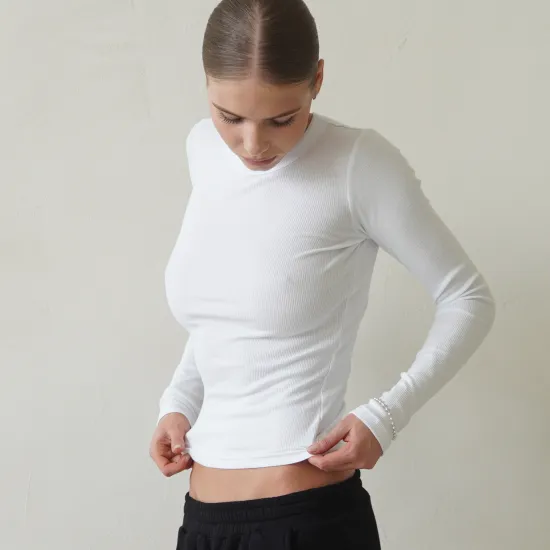 Лонгслив базовый в рубчик, Цвет: Белый, Размер: XS, изображение 2